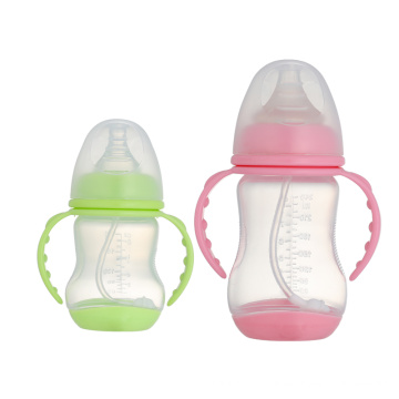 Suministros de alimentación al por mayor biberones de plástico biberón de pp de alimentación para bebés de cuello ancho con asa